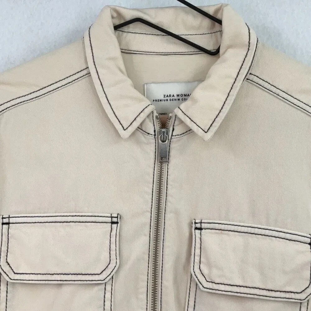 Zara Beige Cotton Linen Blend Boiler Suit Pockets Denim Utility Jumpsuit Small